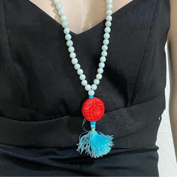 Flower Carved Cinnabar Beaded 32” Mala Necklace - Picture 3 of 12